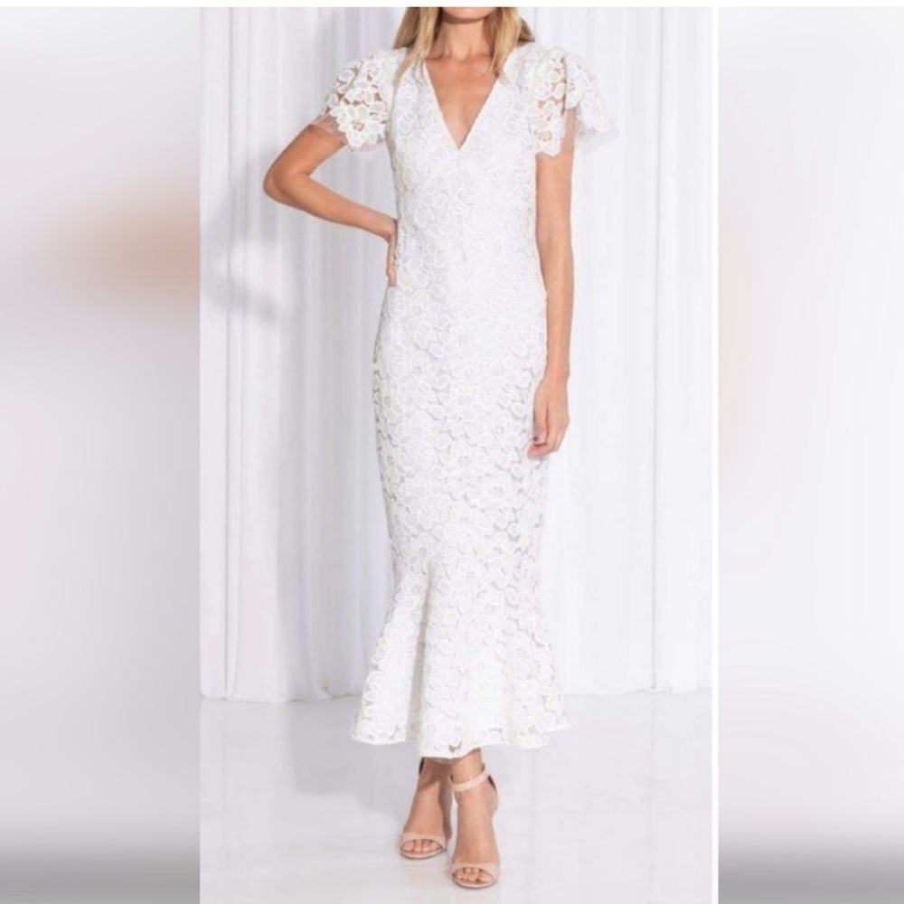 NWT SHOSHANNA MIDNIGHT CEREZA WHITE LACE MIDI MERMAID COCKTAIL DRESS SIZE 12